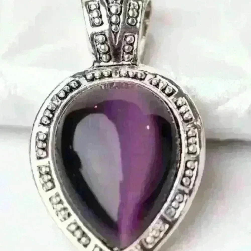 Purple Teardrop Stone Boho Pendant Silver Tone -Amethyst Style